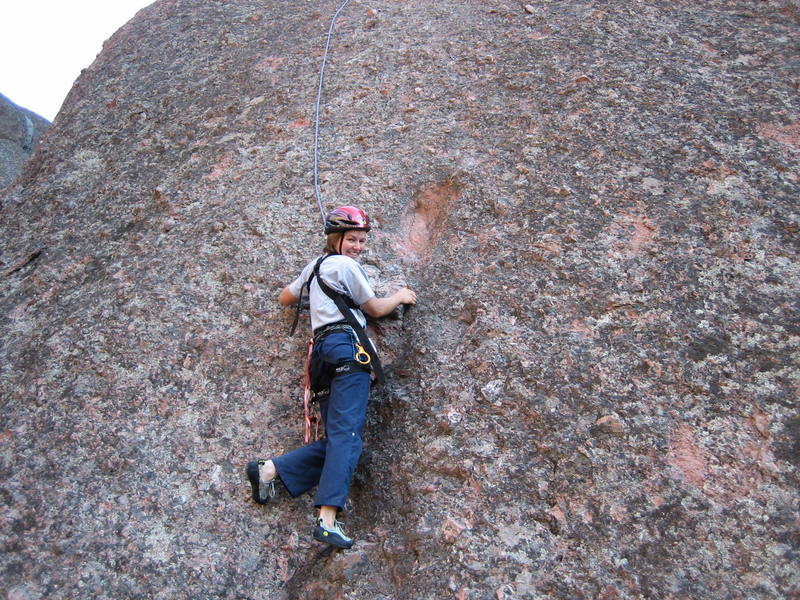 Posing while climbing the regular route