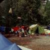 There was a lot to discuss in Camp 4 and no lack of opinions. Early 80s (Art Higby, Scott Woodruff, Olaf Mitchell) <br>
Notice the coolers and food bags hanging from the trees for bear protection.