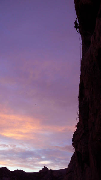 Sunset climbing on "Colossus, 5.10c, at City of Rocks, ID in July 2006