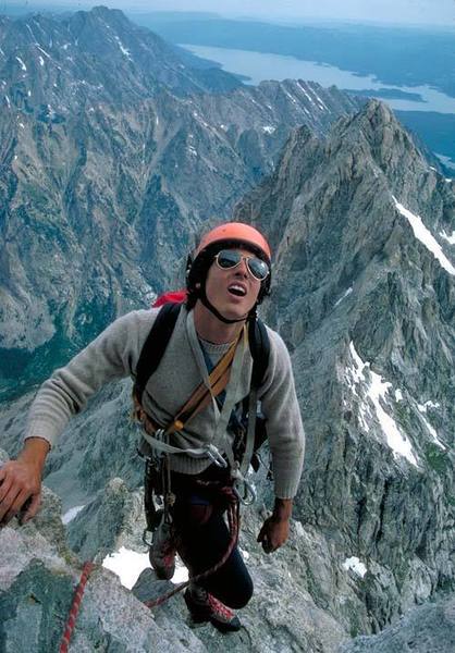 Joe Terravecchia on the Italian Cracks in 1985.  Note antique climbing gear.  Behind you can see Mt Owen and Mt Moran.