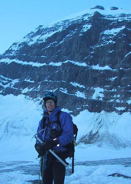 Next morning crossing on the Angel Glacier.  The route diagonals up and right from the top of Bill's head.