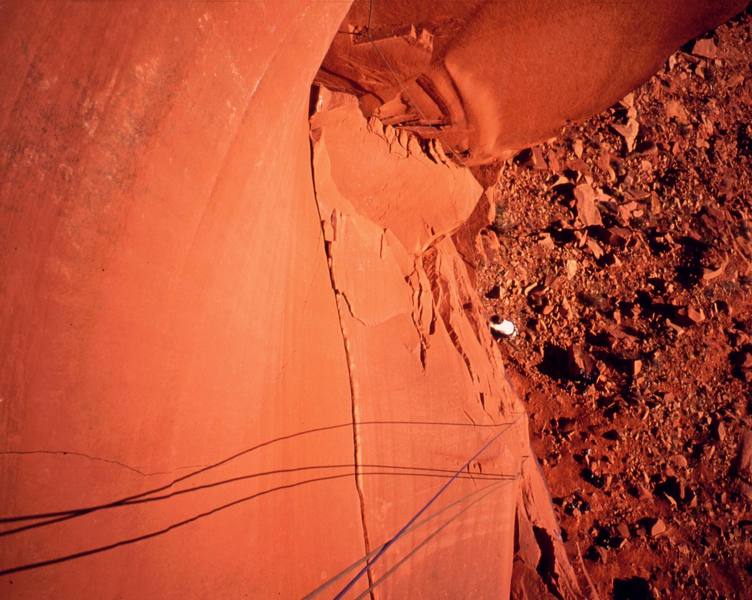 Joseffa Meir, a long way up, but only 1/2 way on Dead Crow (5.11) at Cat Wall. Photo by Tony Bubb, 2006.