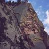 'Mrs Clean Gets Down (5.11-)' goes up the Leaning Crack System up and right past some small gear and up to the Arete on the right side of this left-facing corner. Photo by Tony Bubb, 2003.