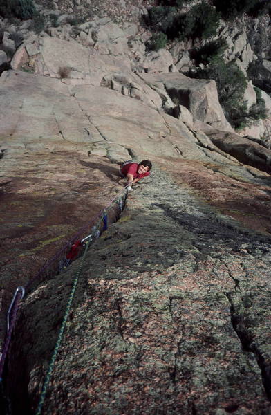 Peter Prandoni climbing Mississippi Halfstep on Poe Buttress in the Cathedral Spires near Foxton Co.Photo Olaf Mitchell