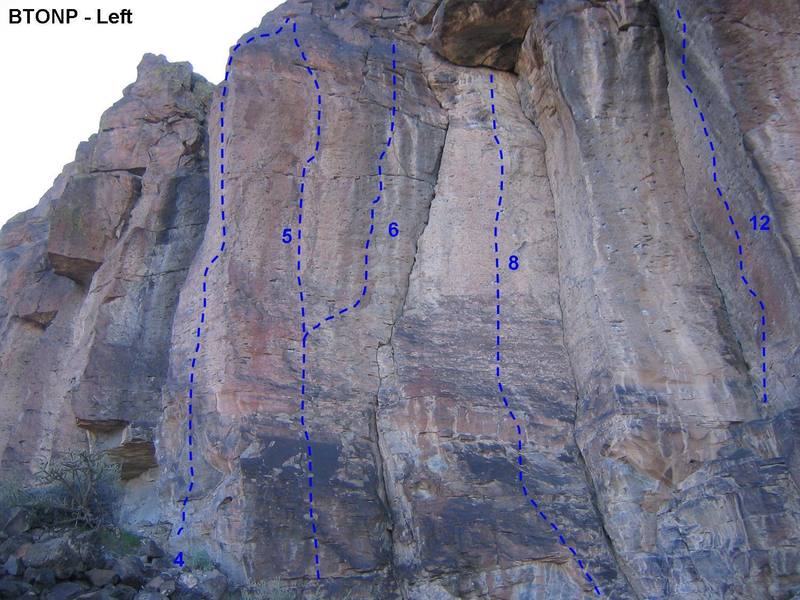 The Left end of Below The old New Place.  Bolted routes shown are:<br>
4. Inflight Movie<br>
5. Monsterpiece Theater<br>
6. Little Shop of Horrors<br>
8. Ralph's Liesure Suit<br>
12. Adam Ant