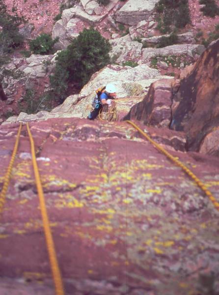 Ivan Rezucha comes up the long first pitch (1 & 2 combined?) of Neurosis on Eldo's Redgarden Wall. Photo by Tony Bubb, 2004.