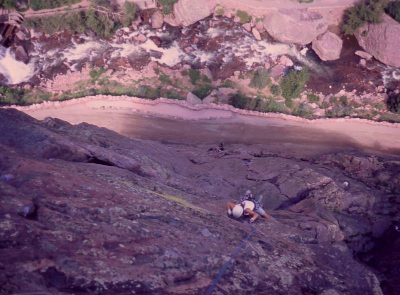 Joseffa Meir getting close to the finish on 'Space Invaders (5.11, R)' on the N. Face of the Bastille, in Eldo. Photo by Tony Bubb, 2004.