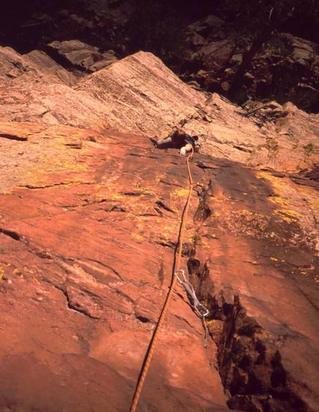 Dave Stewart follows up to the crux on P2 of 'Three Old Farts Young At Heart (5.10)' on Eldo's Redgarden Wall. Photo by Tony Bubb, 2004.