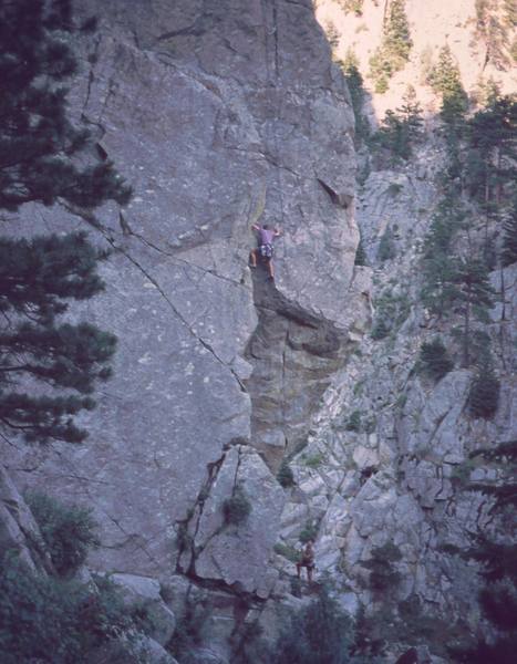 Chris Parks follows 'Rama (5.10)' at Plotinus Wall, in Boulder Canyon. Tony Bubb belays.
<br>

<br>
Photo by Peter Spindloe, 2003.