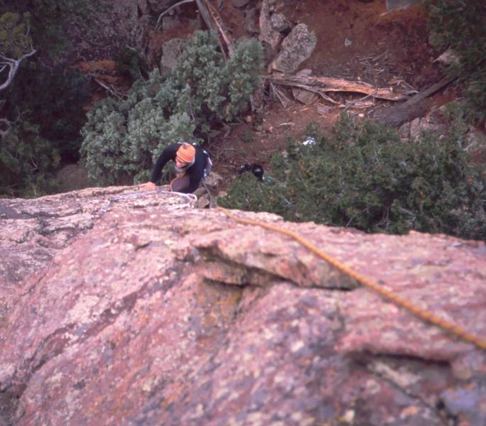 Chris Parks follows up the F.A. of the 'N.W. Arete (5.8)' of he Sibling formation, a diminutive flatiron in North of the Matron. Photo by Tony Bubb.