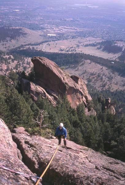 John Saccardi follows on the long moderate slab of 'Binary Surd' on the 'Fo' Flatiron. Photo by Tony Bubb, 2005.