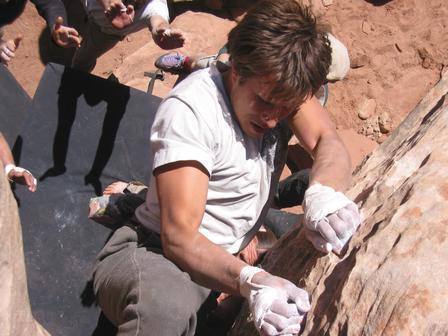 Bouldering at the Crackhouse circa March 2003(?). Climber unknown.