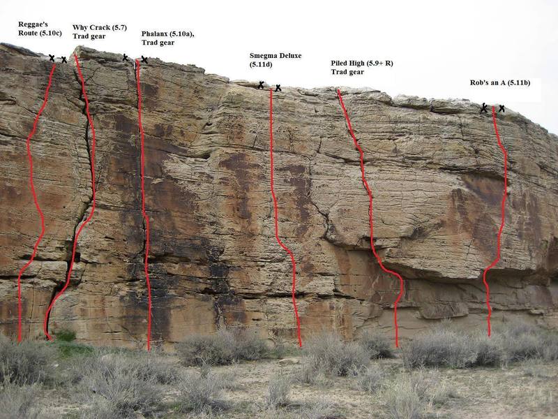 Photo-topo of the east (right) end of the Health Wall, including all known routes.  Bolted anchors are shown; routes w/o anchors indicated DO NOT HAVE anchors.  All anchors can be accessed from the top of the cliff for toproping, but pulling the rope after rapping can be difficult from some of them.