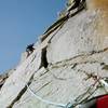 Lee after making the traverse to avoide the half moon offwidth crack on "Virtigo."