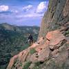 John Cioci descends, somewhat lost, from the top of Deer Ridge Butress in the Estes Park area. At least the views were great.