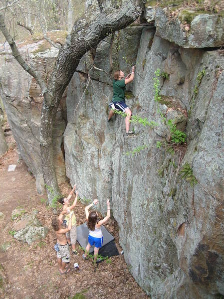 JessM way high at the group site B boulders, observe the fantastic spotting.