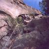 Tony Bubb gets up past the bushes and into the good stemming of 'Fist Fight (5.10+)' on the Twin Owls, at Lumpy Ridge. Photo by Joseffa Meir, 2005.