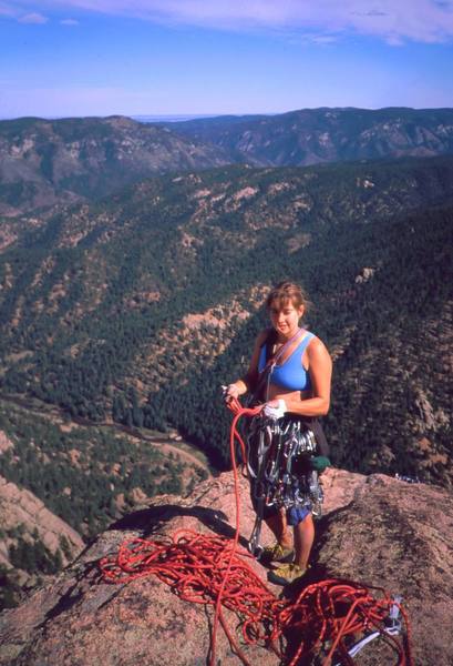 Joseffa Meir at the summit of Wunsch's Dihedral. Photo by Tony Bubb, ~2001.