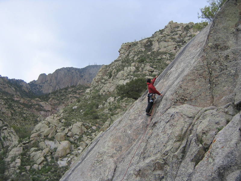 At the start of Surf Naked, just above the bolt.  The 'Revenge of the Elderly first pitch belay tree' is barely visible in the very top right corner of the pic.