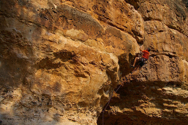 Jay on Swiss Arete, 12a. Photo by Hillary Davis. October 05.