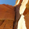 Looking up at the 2nd pitch, Can see the short section of rotten rock then nice corner.