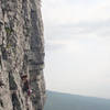 Alex cleans up the first pitch of Something Interesting.  What fantastic face climbing!