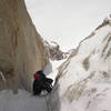 Ty Cook following an ice pitch high on The Ham and Eggs Couloir