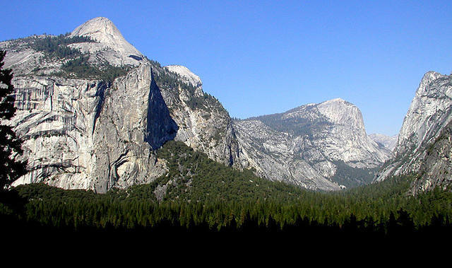 Washington Column, North Dome and Mt. Watkins from the Apron.<br>
Photo by Blitzo.