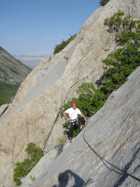 Lee Jensen at the 2nd pitch belay on Tingey's Terror. Don't berate him; he's got me tied off for the photo op.