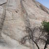 Just left of the tall, black watermark of the Trough, Crater Maker climbs past two bolts, straight up through the large dish to bolted anchors.  There is a secondary crux above the dish and well above the last bolt.