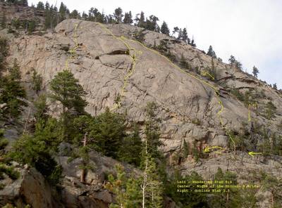 The Lost World - Gnome Dome.  From left to right: Wandering Star 5.6, Night of the Unicorn 5.8/10a, Goblins Slab 5.5.  We found some webbing with a rap ring in the gully at equal height with the larger roof on Goblins Slab.