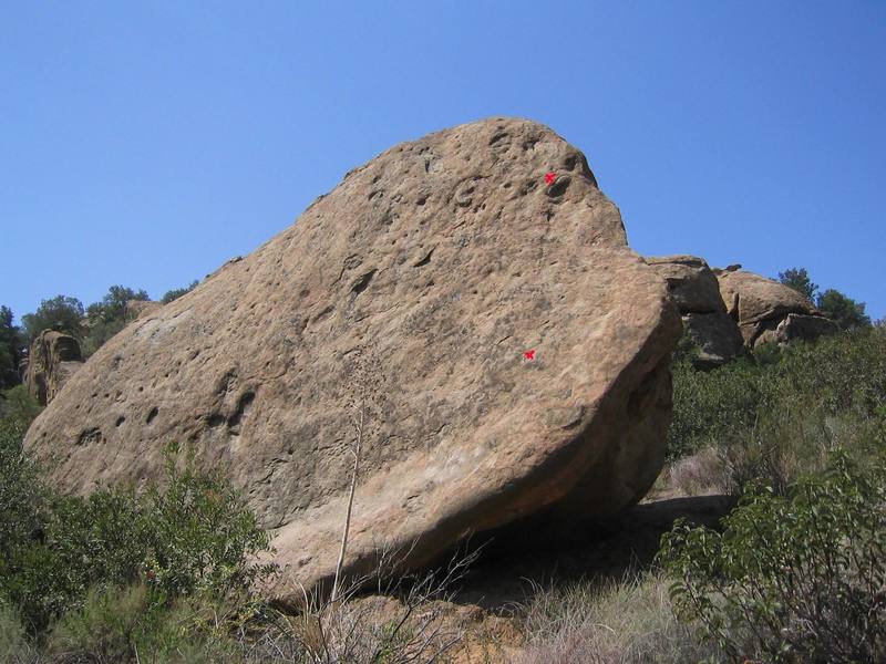 Slanderland, north face, with The 5.9 Slab (5.10c) lead route marked.