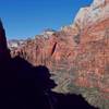 The view up-canyon from 1/2 way up 'Prodical Son (IV, C2)' in Zion National Park. Photo by Tony Bubb, 3/2004.