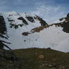 A view of the "Ptarmingan Fingers" (N side of Flattop) on 6-3-2007. We did the approach on the right side of the tarn, then traversed to the east couloir.