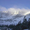 Katahdin viewed from Chimney Pond on a cold winter morning.