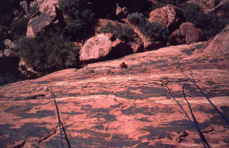 Kent Korbell follows on Tuna And Chips Wall. Can't recall which line, but they are all good and all beautiful on a winter afternoon. Photo by Tony Bubb, 2003.