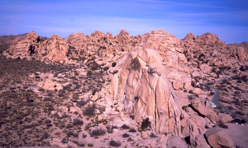 Looking Down into the Hidden Valley Campground area from the top of Intersection Rock. [[105720717]] is the first rock in front. Photo by Tony Bubb 1/03.