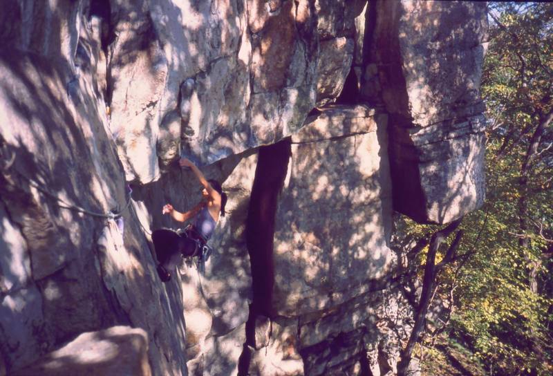 Michelle Moffat in the first crux of 'Matinee (10d)' at the Gunks. Photo by Tony Bubb, 10/03.