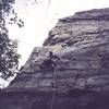 Tony Bubb gets started on "Double-Issima" (10b, S). This fine climb can be finished in a classic single pitch with a 70 meter rope. Photo by Michelle Moffat, 10/03.