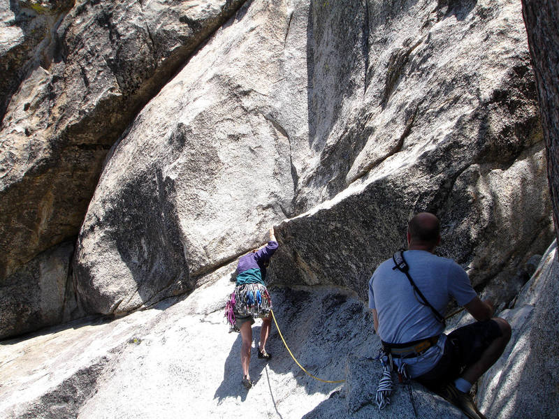 Kim at the slabby start of LST; belayed by Brett. Fun climb!<br>
<br>
Taken 6/14/07