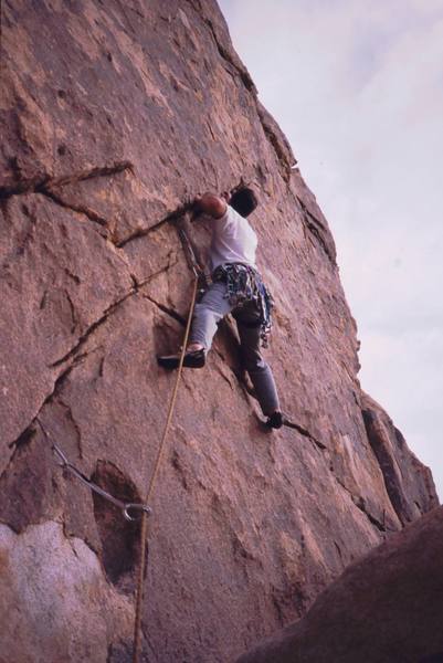 Tony Bubb starts up on lead on 'I Just Told You' (5.10, S) on Sports Challenge Rock. Photo by Paul Rose, 12/05.