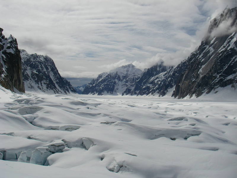 Crevasses everywhere!  Looking south down the Ruth Gorge.  Photo taken near the Gargoyle.