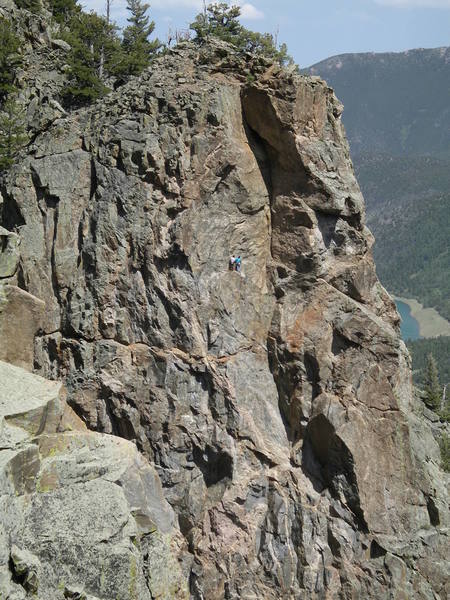 Jason and Tony at the belay below the last pitch.  EOA is in the corner to the right, WOW is right of that.  Higher Calling is 15' to the left.