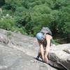 ernie "dad" hansche at the top of pitch one on Atlantis... already quite exposed and only 1 pitch up...