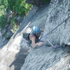 My dad cleans the first piece in the super exposed crux....