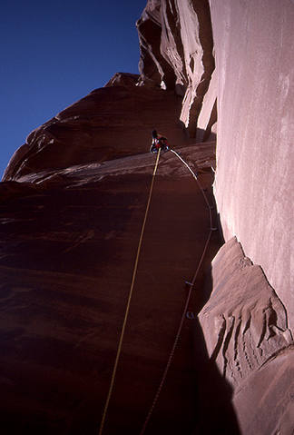 Dave Evans high on the Ewetopian Crack.  Pitch 3.  Photo: Todd Gordon