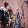 Dave Evans at the 4 Knifeblade belay.  Photo; Todd Gordon