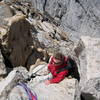 Unknown climber at the first short rap/downclimb from the Second Tower.