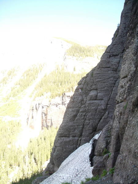 Family Values seen from the Main Wall.  The access trail comes up form the left.