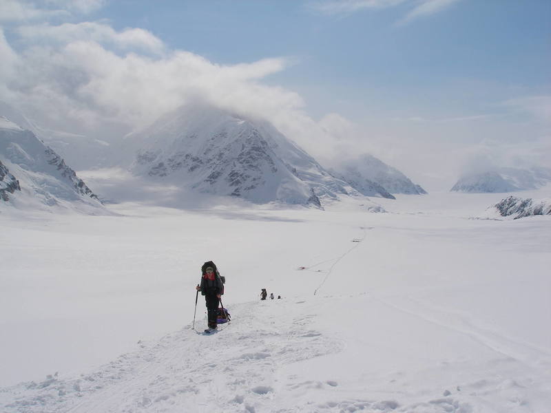 Looking back down the Kahiltna Glacier from the top of Ski Hill, at about 7,500 feet.  Advanced Base Camp is visible in the middle of the glacier.